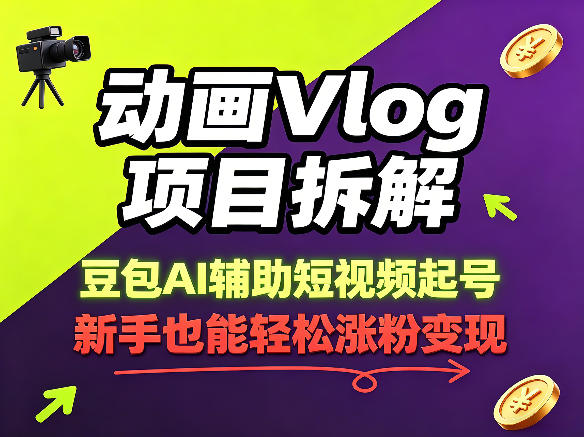 动画Vlog项目拆解，豆包AI辅助短视频起号，新手也能轻松涨粉，43条作品涨粉8.3W-宇文网创