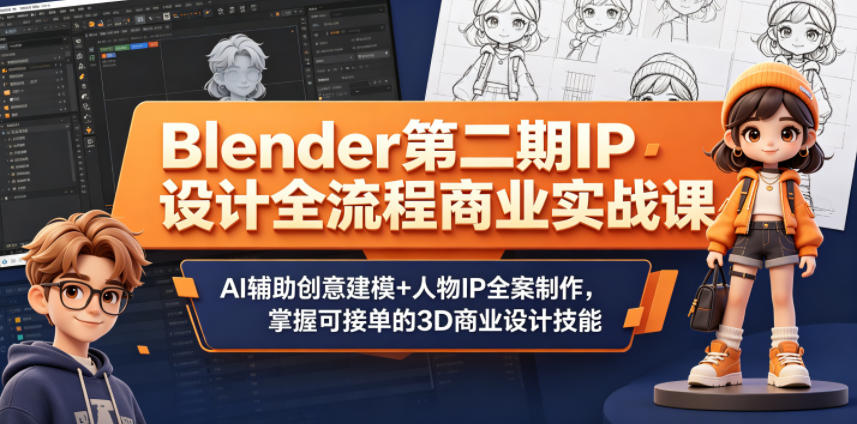 Blender第二期IP设计全流程商业实战课,AI辅助创意建模+人物IP全案制作,掌握可接单的3D商业设计技能-宇文网创