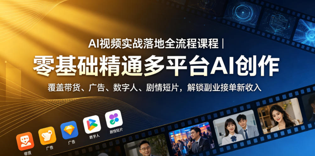 AI视频实战落地全流程课程｜零基础精通多平台AI创作，覆盖带货、广告、数字人、剧情短片，解锁副业接单新收入-宇文网创