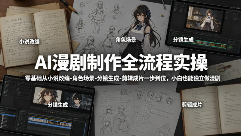 AI漫剧制作全流程实操，零基础从小说改编-角色场景-分镜生成-剪辑成片一步到位，小白也能独立做漫剧-宇文网创