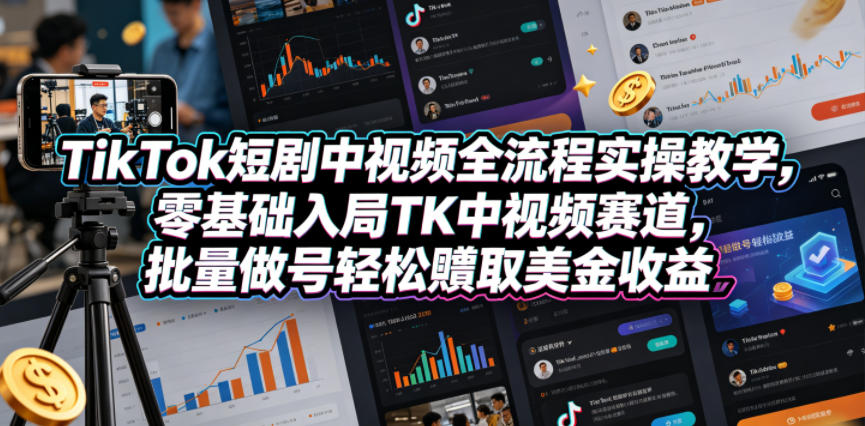TikTok短剧中视频全流程实操教学，零基础入局TK中视频赛道，批量做号轻松賺取美金收益-宇文网创