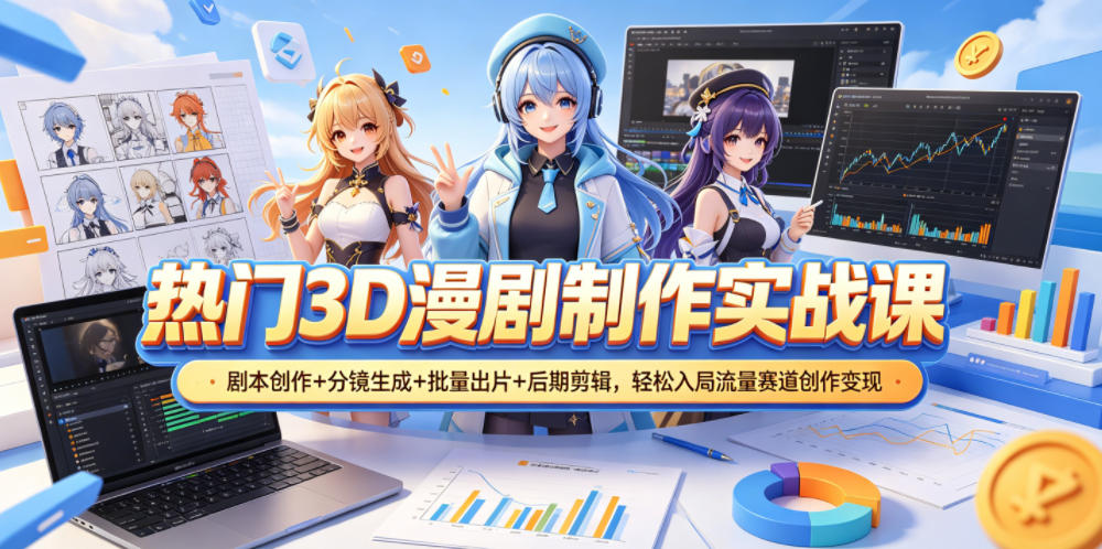 热门3D漫剧制作实战课，剧本创作+分镜生成+批量出片+后期剪辑，轻松入局流量赛道创作变现-宇文网创