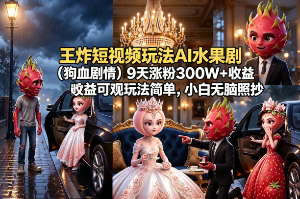 王炸短视频玩法AI水果剧（狗血剧情）9天涨粉300W+收益可观玩法简单，小白无脑照抄，详细拆解玩法-宇文网创
