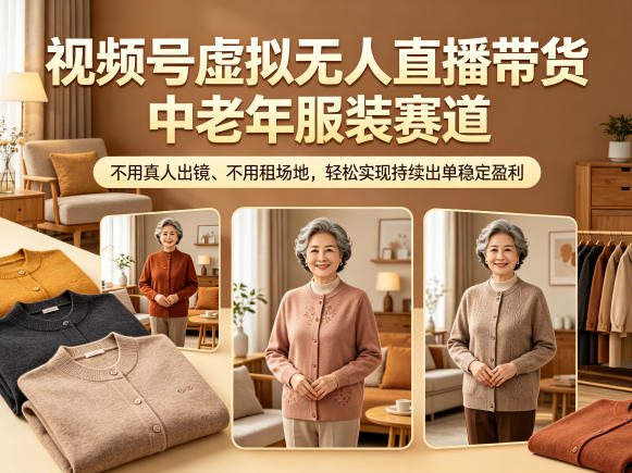 视频号虚拟无人直播带货中老年服装赛道，不用真人出镜、不用租场地，轻松实现持续出单稳定盈利-宇文网创