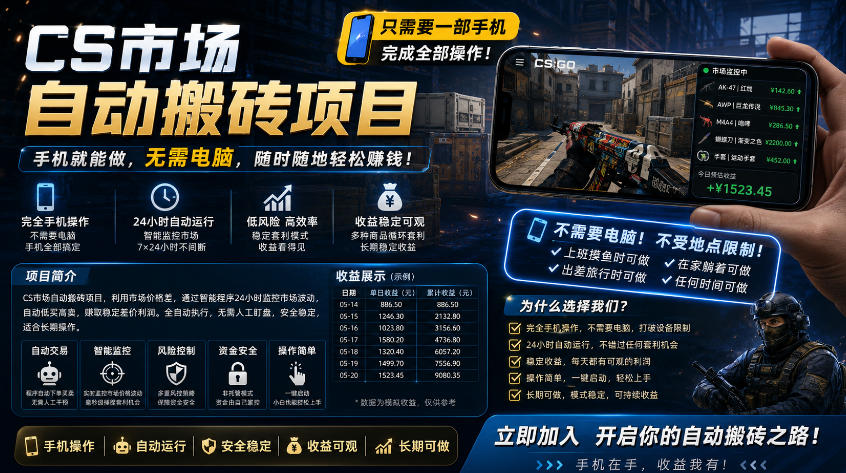 手机即可操作的CS市场自动搬砖系统｜自动监控｜自动下单|日入300+【揭秘】-宇文网创