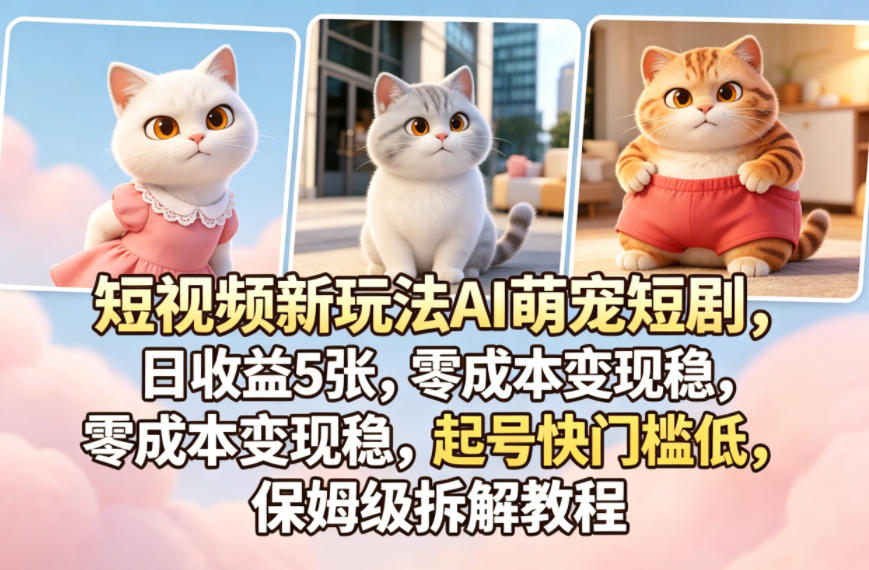 短视频新玩法AI萌宠短剧，日收益5张，零成本变现稳，起号快门槛低，保姆级拆解教程-宇文网创