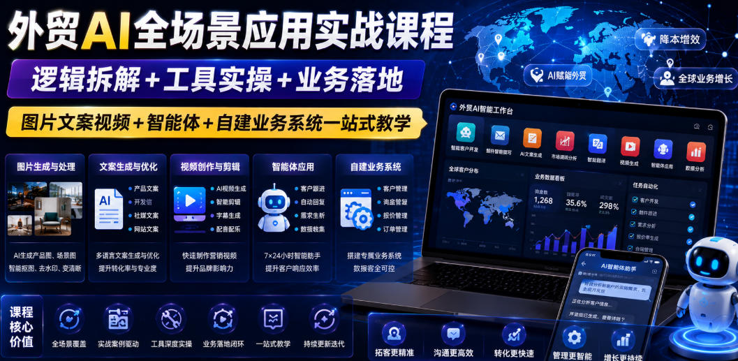 外贸AI全场景应用实战课程｜逻辑拆解+工具实操+业务落地，图片文案视频+智能体+自建业务系统一站式教学-宇文网创