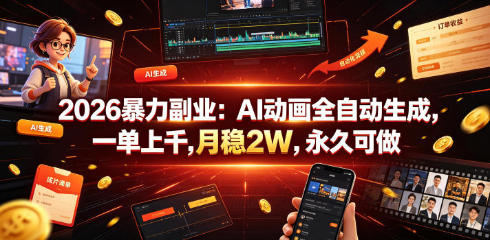 2026暴力副业：AI动画全自动生成，一单上千，月稳2W，永久可做【揭秘】-宇文网创