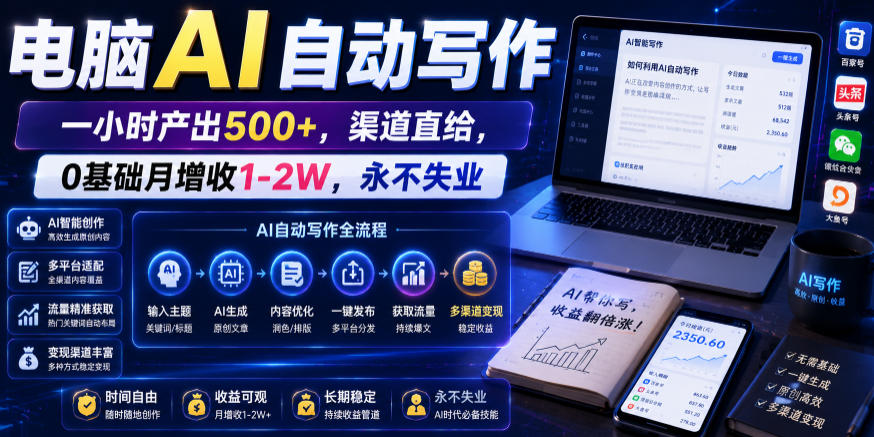 电脑AI自动写作，一小时产出500+，渠道直给，0基础月增收1-2W，永不失业【揭秘】-宇文网创