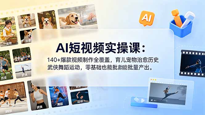 (18781期)AI短视频实操课:140+爆款视频制作全覆盖,育儿宠物治愈历史武侠舞蹈运动,零基础也能批量产出-宇文网创