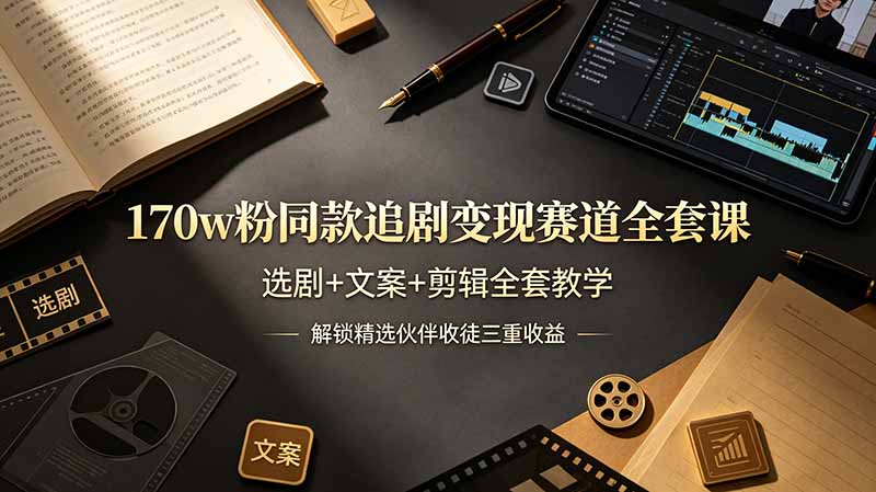 （19123期）170w粉博主同款追剧变现赛道全套课，选剧+文案+剪辑全套教学，解锁精选伙伴收徒三重收益-宇文网创