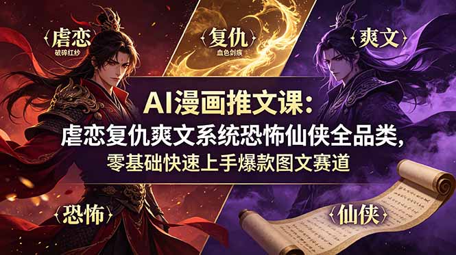 （19060期）AI漫画推文课：虐恋复仇爽文系统恐怖仙侠全品类，零基础快速上手爆款图文赛道-宇文网创