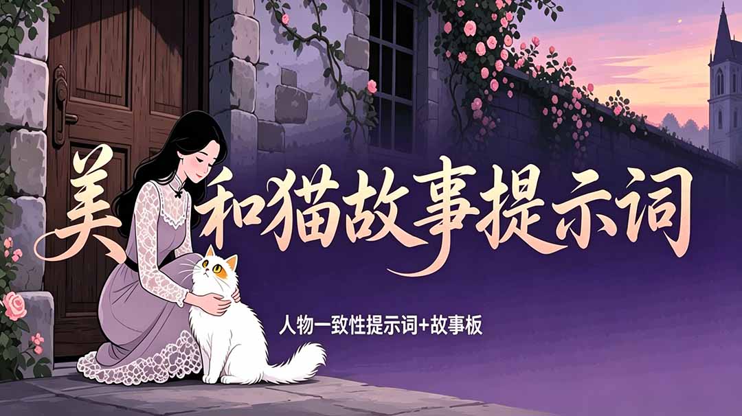 (18909期)美女和猫故事提示词,人物一致性提示词+故事板-宇文网创