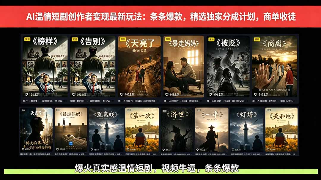 （18748期）AI温情短剧创作者变现最新玩法：视频牛逼，条条爆款，精选独家分成计划，商单收徒-宇文网创