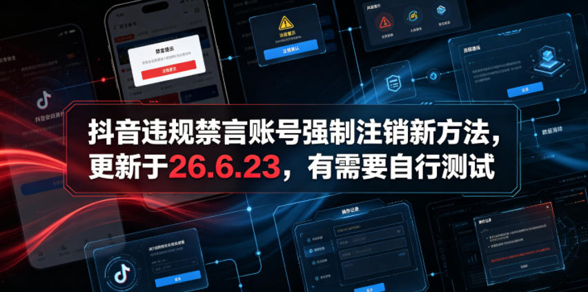 （19015期）抖音违规禁言账号强制注销新方法，更新于26.6.23，有需要自行测试-宇文网创