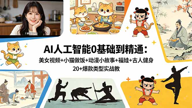 （18685期）AI人工智能0基础到精通：美女视频+小猫做饭+动漫小故事+福娃+古人健身，20+爆款类型实战教学-宇文网创