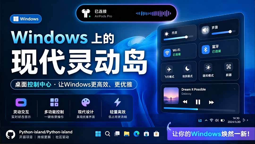 （19104期）Windows也能拥有桌面灵动岛！现代化的系统控制中心，让你的电脑多个黑刘海，PyIsland-宇文网创