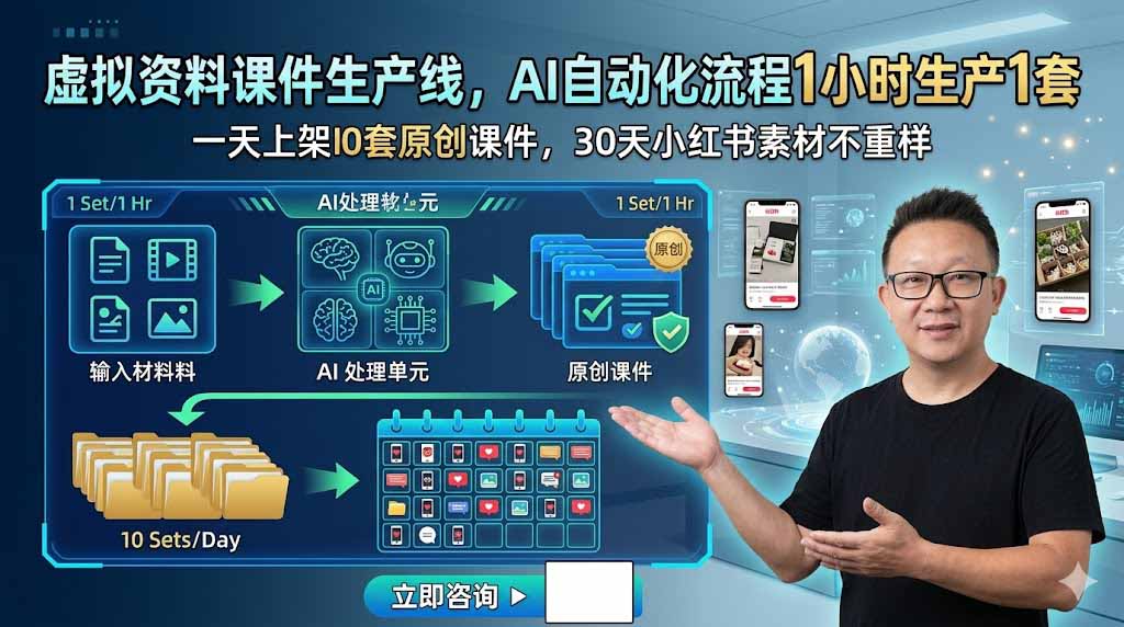 （19091期）虚拟资料课件生产线，AI自动化流程1小时生产1套，一天上架10套原创课件，30天小红书素材不重样-宇文网创