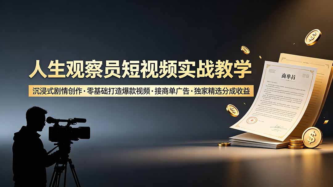 （19113期）人生观察员短视频实战教学，沉浸式剧情创作，零基础打造爆款视频，接商单广告，独家精选分成收益-宇文网创