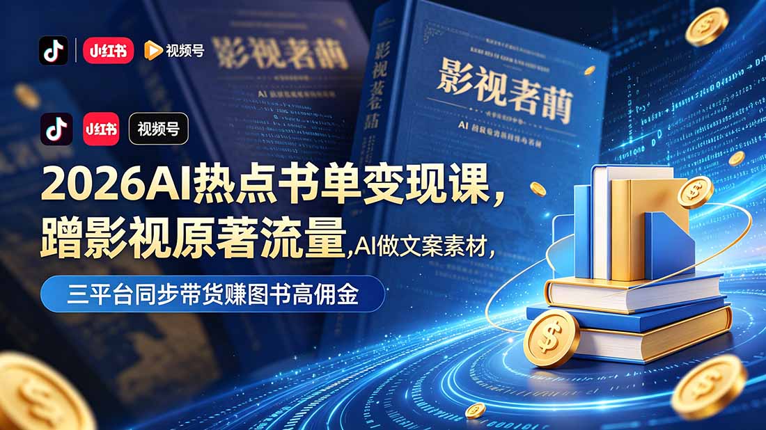 (18727期)2026AI热点书单变现课,蹭影视原著流量,AI做文案素材,三平台同步带货赚图书高佣金-宇文网创