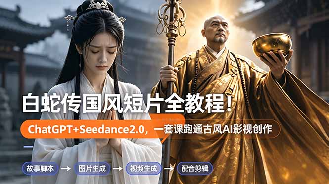 （18737期）白蛇传-国风短片全教程！ChatGPT+Seedance2.0，一套课跑通古风AI影视创作-宇文网创