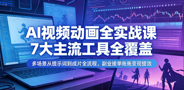 AI视频动画全实战课，7大主流工具全覆盖，多场景从提示词到成片全流程，副业接单账号变现提效-宇文网创