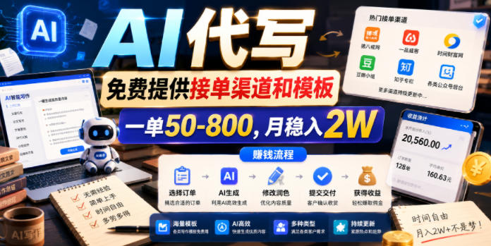 AI代写,免费提供接单渠道和模板,一单50-800,月稳入2W【揭秘】-宇文网创