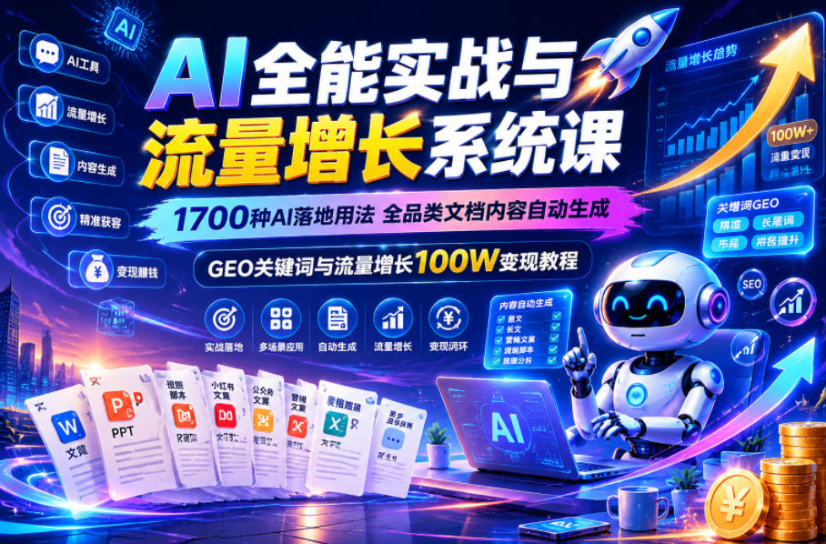 AI全能实战与流量增长系统课,1700种AI落地用法,全品类文档内容自动生成,GEO关键词与流量增长100W变现教程-宇文网创
