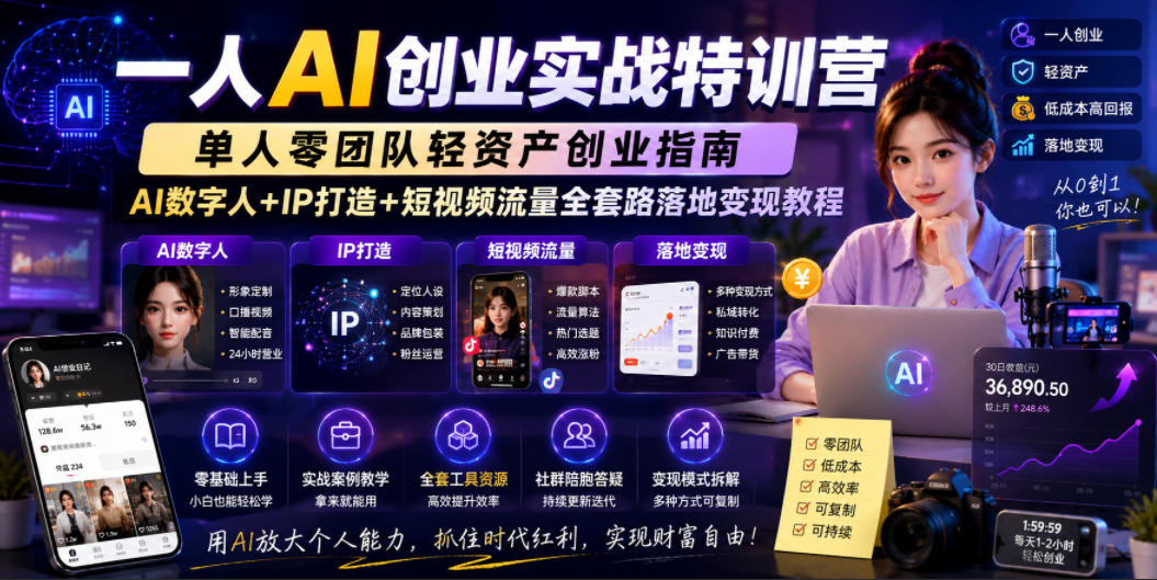 一人AI创业实战特训营,单人零团队轻资产创业指南,AI数字人+IP打造+短视频流量全套路落地变现教程-宇文网创