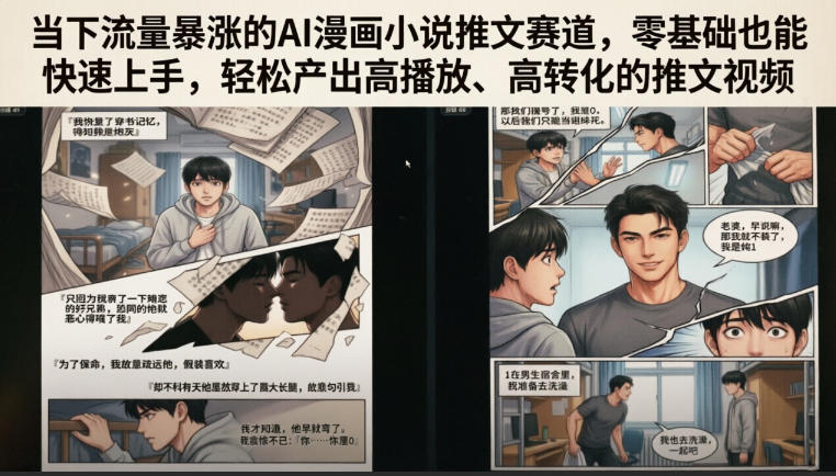 当下流量暴涨的AI漫画小说推文赛道，零基础也能快速上手，轻松产出高播放、高转化的推文视频-宇文网创