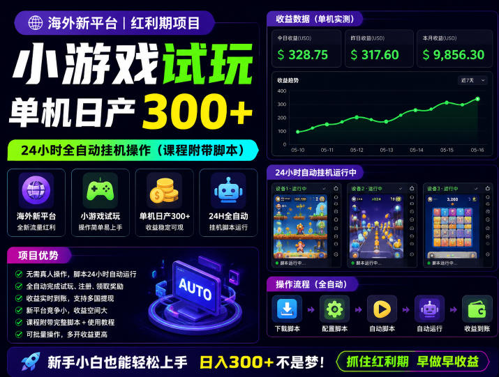 海外新平台,小游戏试玩,单机日产300+,24小时全自动挂G操作(课程附带脚本)【揭秘】-宇文网创