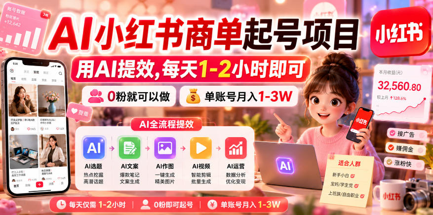 AI小红书商单起号项目，用AI提效,每天1-2小时即可，0粉就可以做，单账号月入1-3W-宇文网创