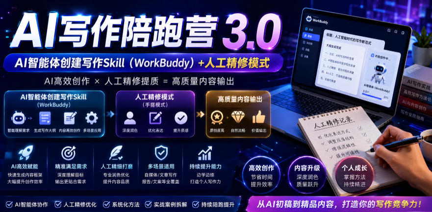 AI写作陪跑营3.0,Ai智能体创建写作skill(workbuddy)+人工手写模式(手搓模式),去除AI痕迹(头条号、公众号、百家号)-宇文网创