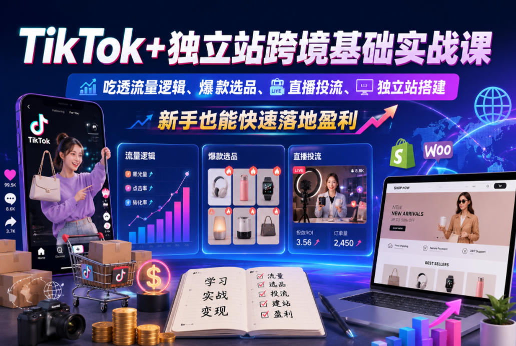 TikTok+独立站跨境基础实战课,吃透流量逻辑、爆款选品、直播投流与独立站搭建,新手也能快速落地盈利-宇文网创