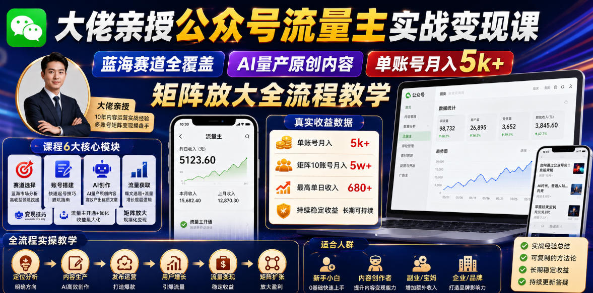 大佬亲授公众号流量主实战变现课,蓝海赛道全覆盖,AI量产原创内容,单账号月入5k+矩阵放大全流程教学-宇文网创