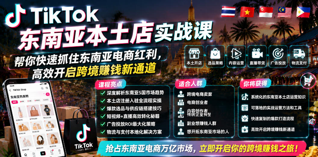 TikTok东南亚本土店实战课,帮你快速抓住东南亚电商红利,高效开启跨境賺钱新通道-宇文网创