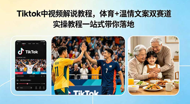 Tiktok中视频解说教程，体育+温情文案双赛道实操教程一站式带你落地，教你出海賺美刀-宇文网创