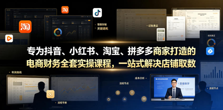 专为抖音、小红书、淘宝、拼多多商家打造的电商财务全套实操课程，一站式解决店铺取数、记账、报税全流程难题-宇文网创