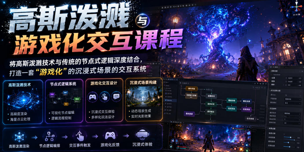 高斯泼溅与游戏化交互课程，将高斯泼溅技术与传统的节点式逻辑深度结合，打造一套“游戏化”的沉浸式场景的交互系统-宇文网创
