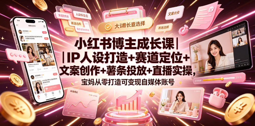 小红书博主成长课｜IP人设打造+赛道定位+文案创作+薯条投放+直播实操，宝妈从零打造可变现自媒体账号-宇文网创