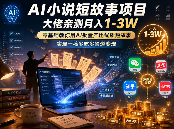 AI小说短故事项目，大佬亲测月入1-3W，零基础教你用AI批量产出优质短故事，实现一稿多吃多渠道变现-宇文网创