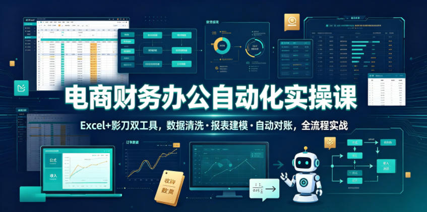 电商财务办公自动化实操课,Excel+影刀双工具,数据清洗・报表建模・自动对账,全流程实战-宇文网创