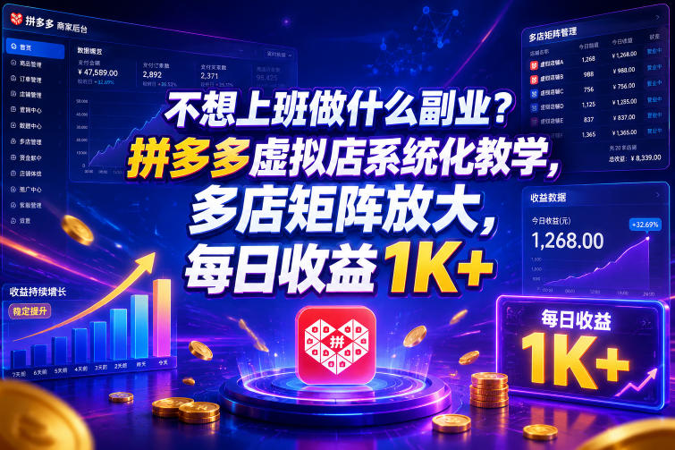 不想上班做什么副业?拼多多虚拟店系统化教学,多店矩阵放大,每日收益1K+【揭秘】-宇文网创
