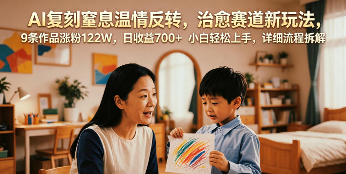 AI复刻窒息温情反转，治愈赛道新玩法，9条作品涨粉122W，日收益700+ 小白轻松上手，详细流程拆解-宇文网创