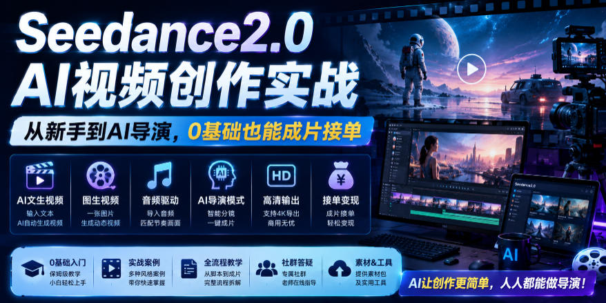 Seedance2.0 AI视频创作实战,从新手到AI导演,0基础也能成片接单变现-宇文网创