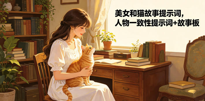 美女和猫故事提示词,人物一致性提示词+故事板-宇文网创