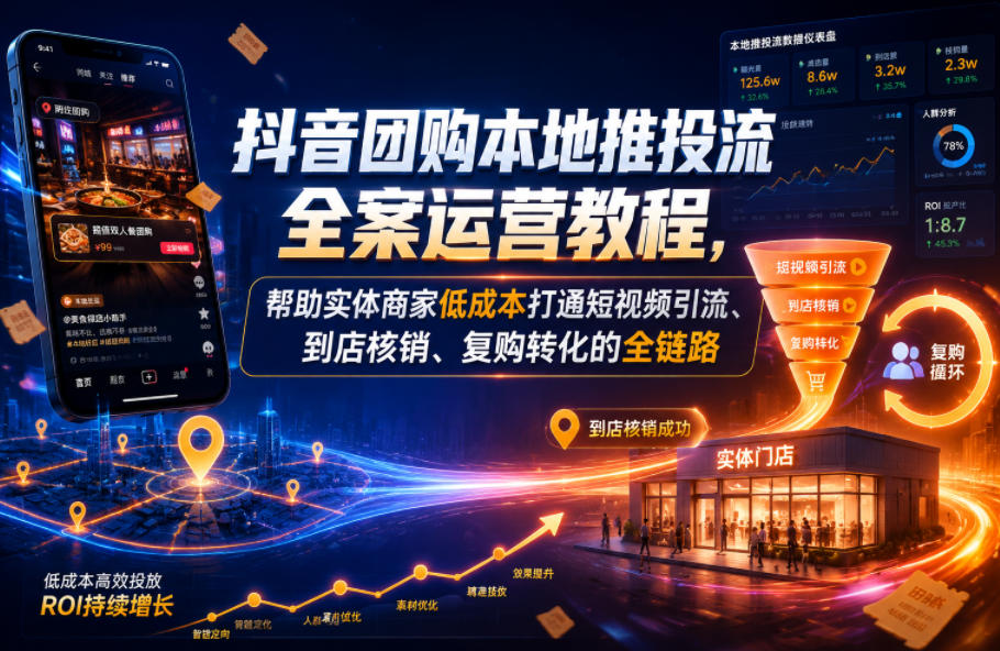 抖音团购本地推投流全案运营教程,帮助实体商家低成本打通短视频引流、到店核销、复购转化的全链路-宇文网创