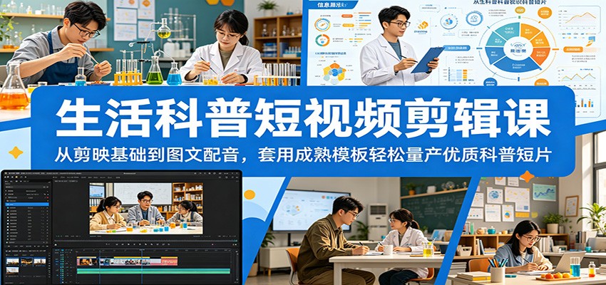 生活科普短视频剪辑课：从剪映基础到图文配音，套用成熟模板轻松量产优质科普短片-宇文网创