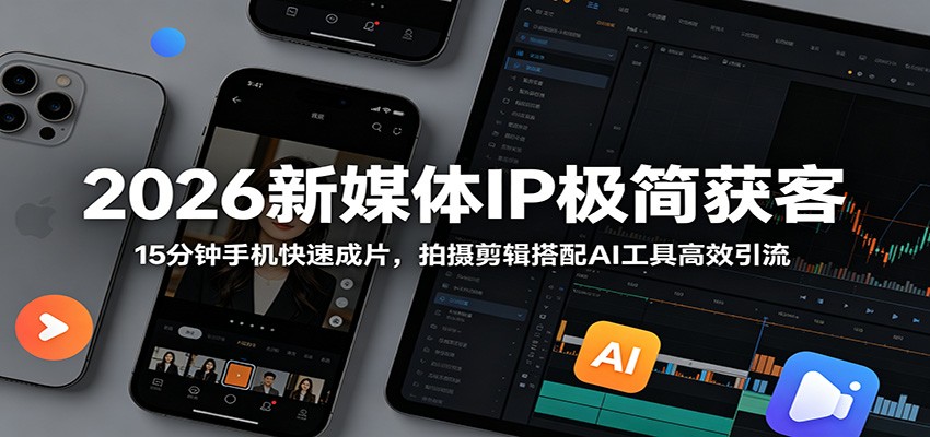 2026新媒体IP极简获客：15分钟手机快速成片，拍摄剪辑搭配AI工具高效引流-宇文网创