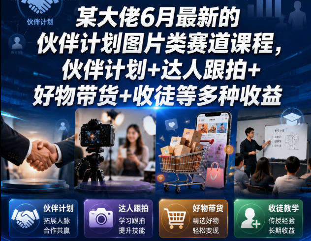 某大佬6月最新的伙伴计划图片类赛道课程，伙伴计划+达人跟拍+好物带货+收徒等多种收益-宇文网创